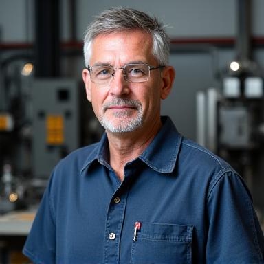 Portrait of Marc Leblanc, Precision Machining Lead, a focused man with safety glasses