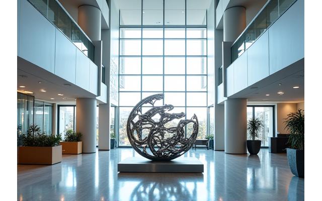 Abstract metal marine sculpture in a modern commercial lobby