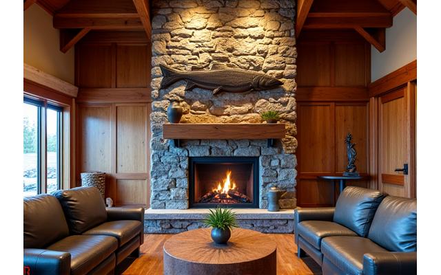 Metal art fish sculpture in a rustic lodge interior