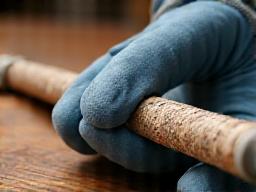 Close-up of a fishing rod handle being sanded or repaired