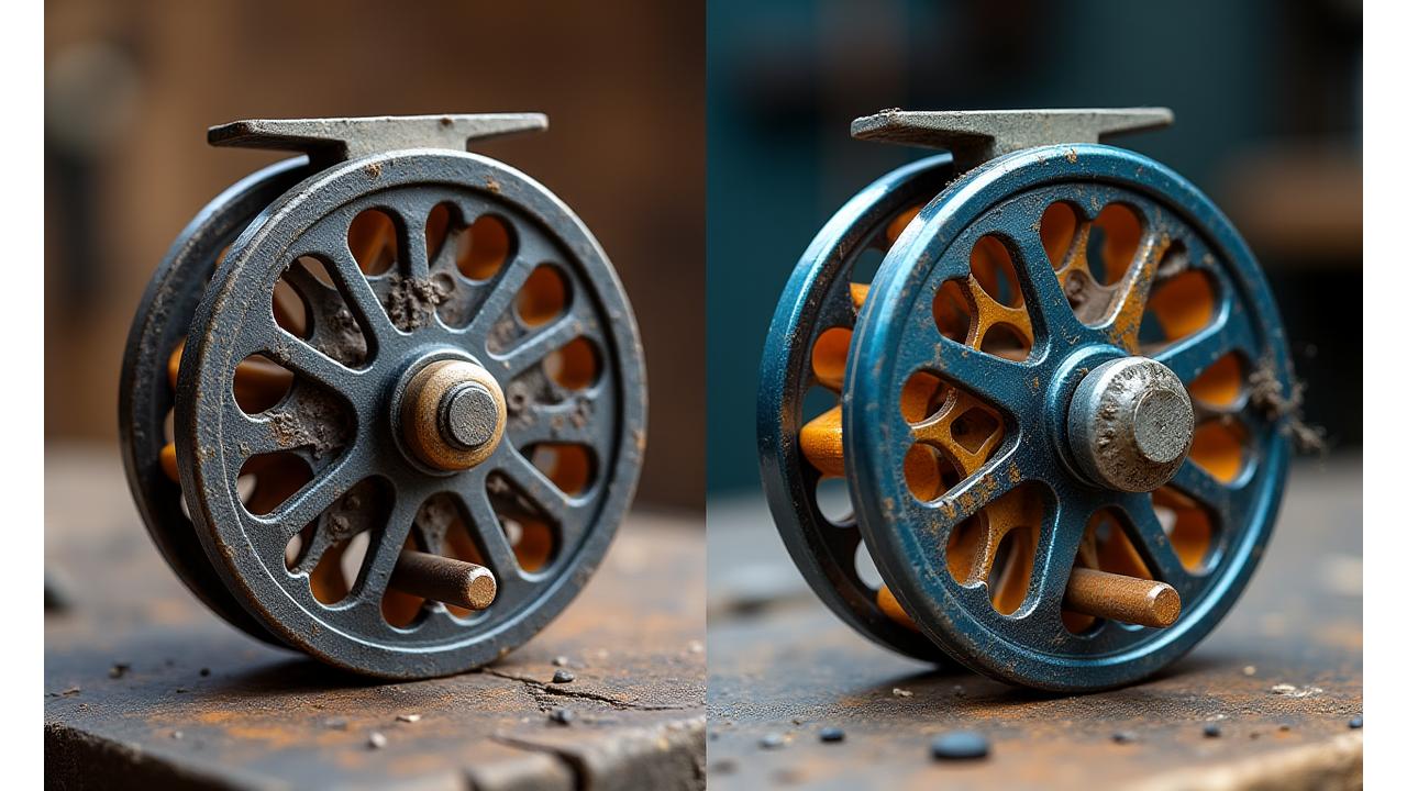 Before and after image of a vintage fishing reel undergoing restoration